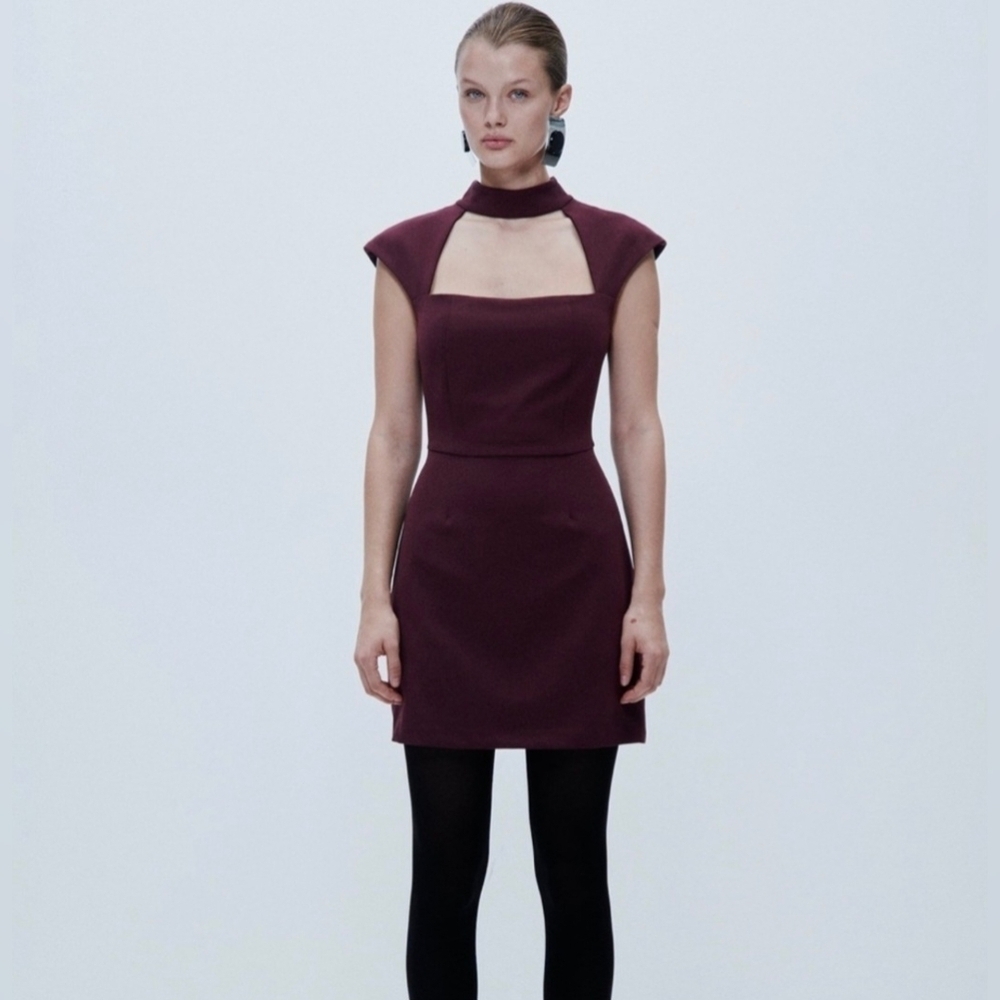 Zara Burgundy Choker Square Neck Mini Dress